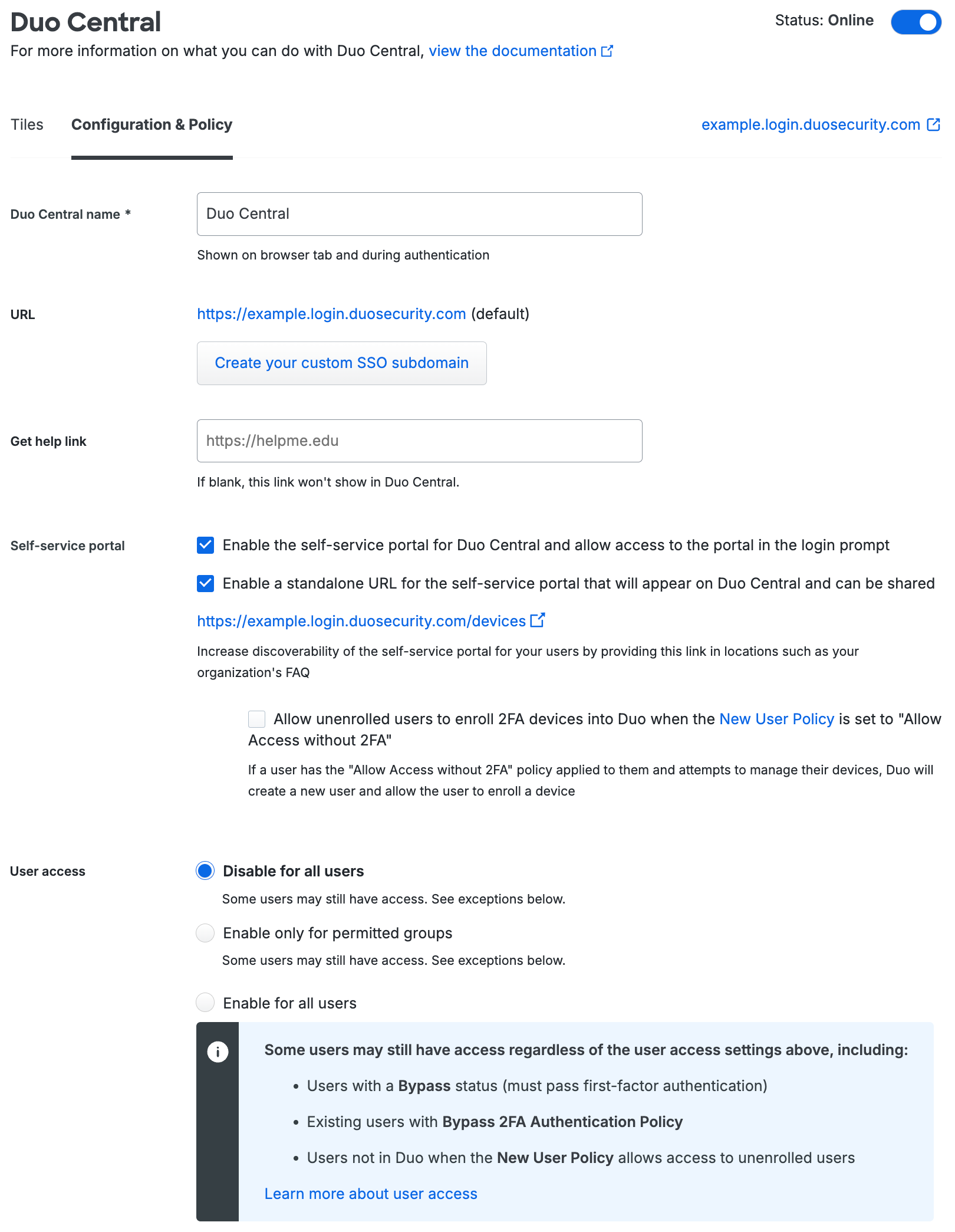 Duo Central Configuration Page