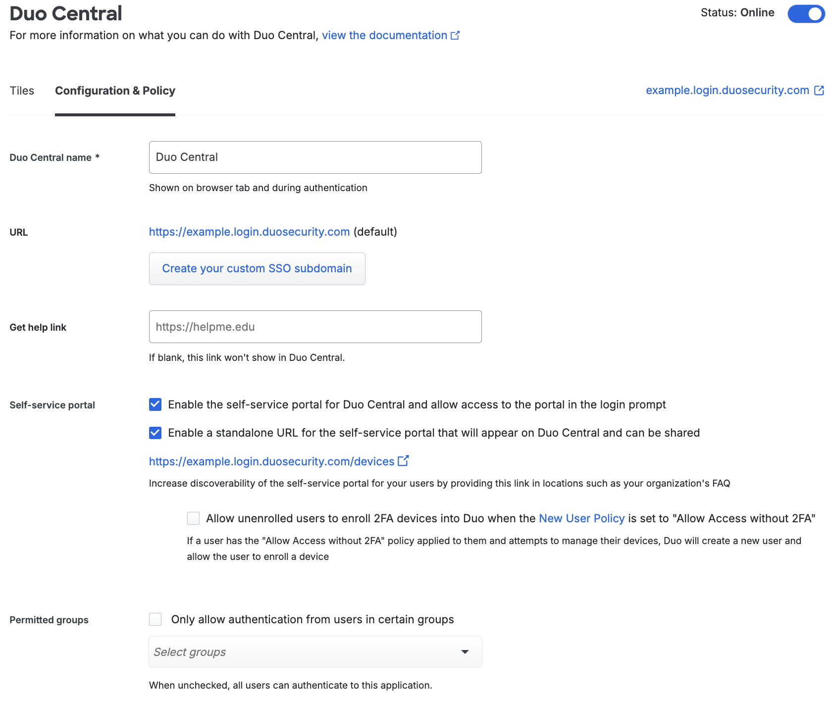 Duo Central Configuration page