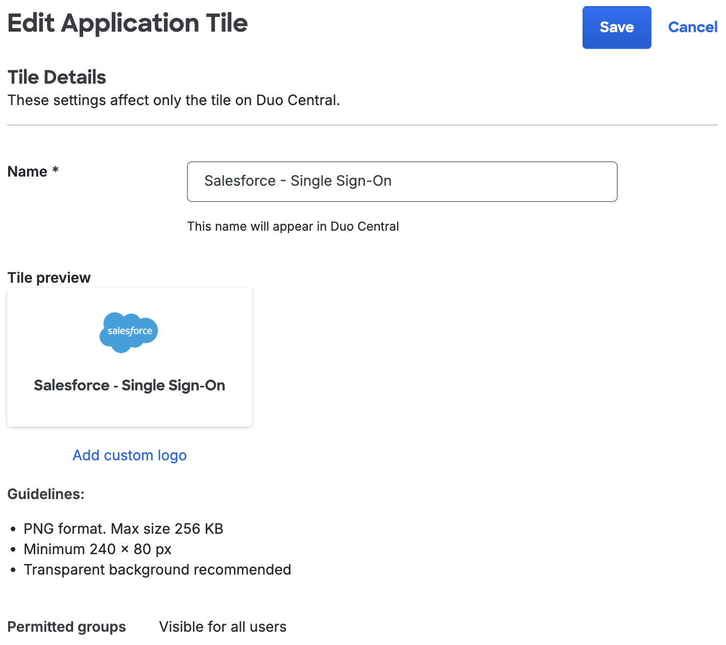 Duo Central Edit SSO Tile page