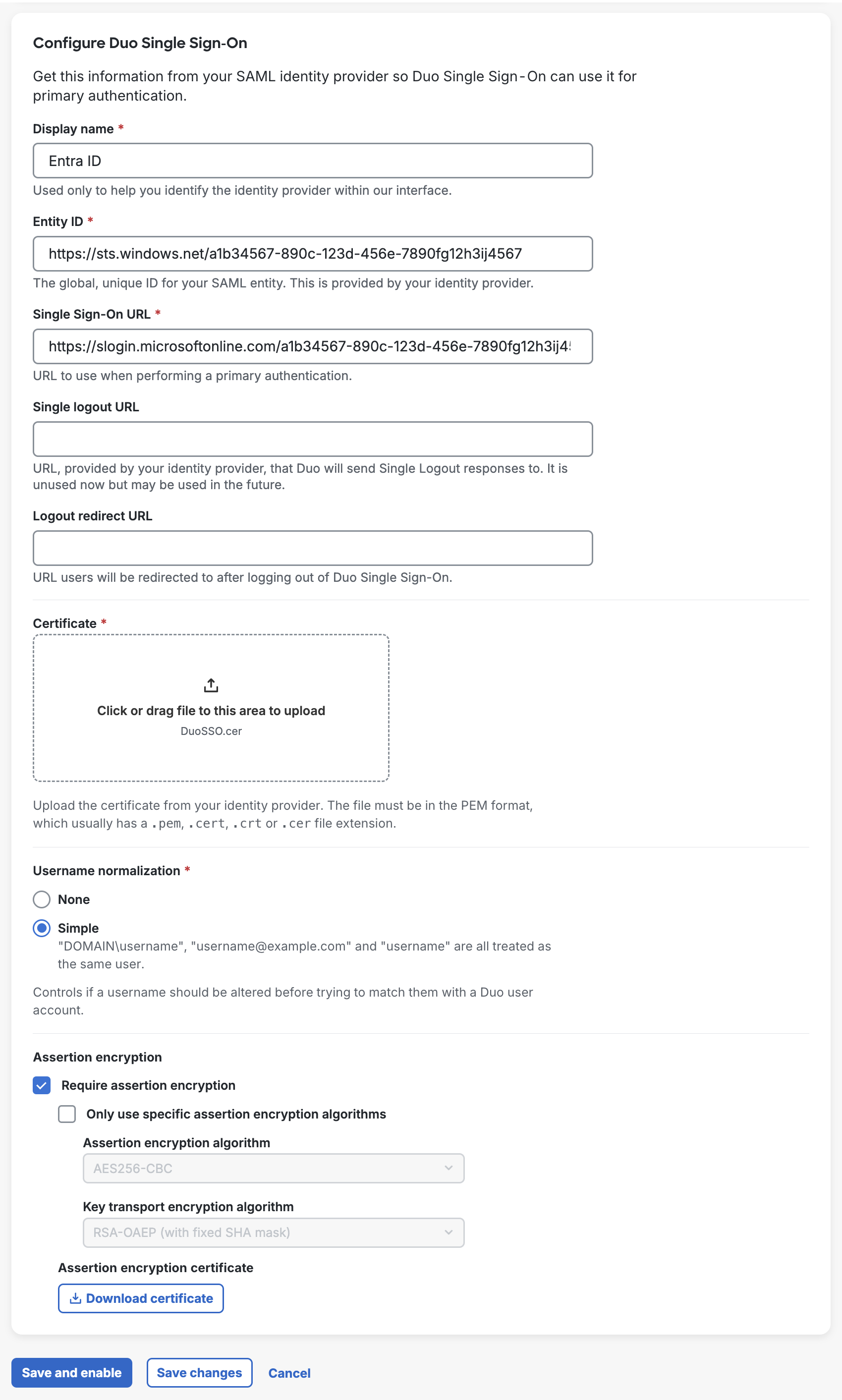 Entra ID configuration in Duo Single Sign-On