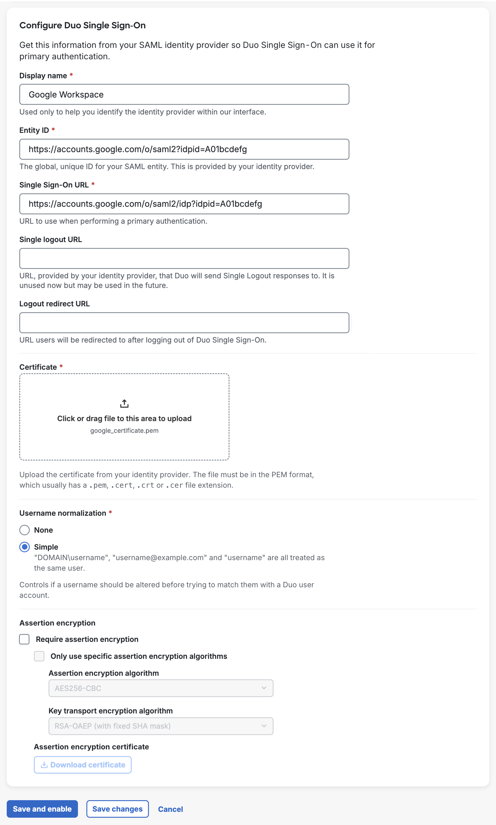 Google Workspace configuration in Duo Single Sign-On