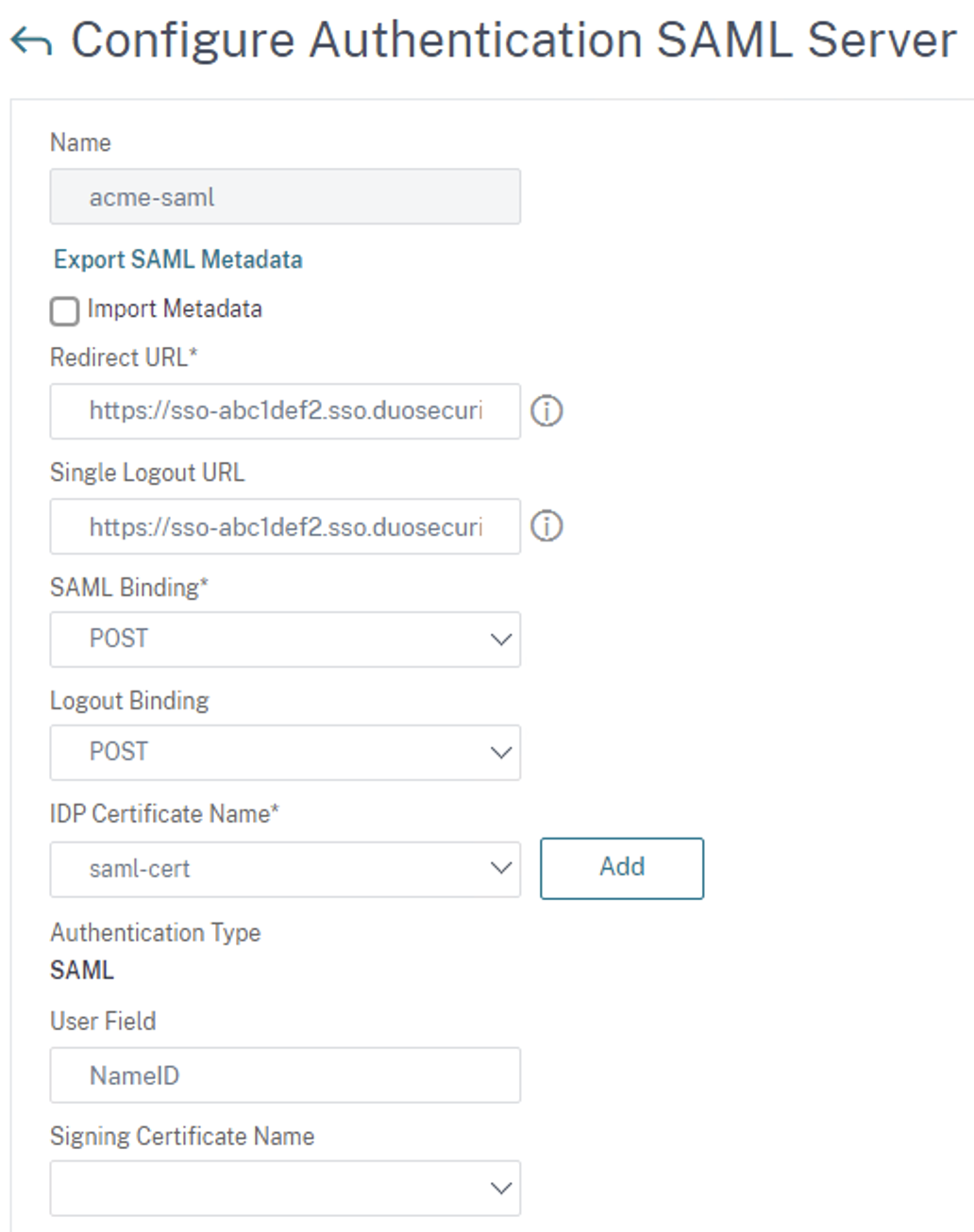 NetScaler Authentication SAML Server Configuration