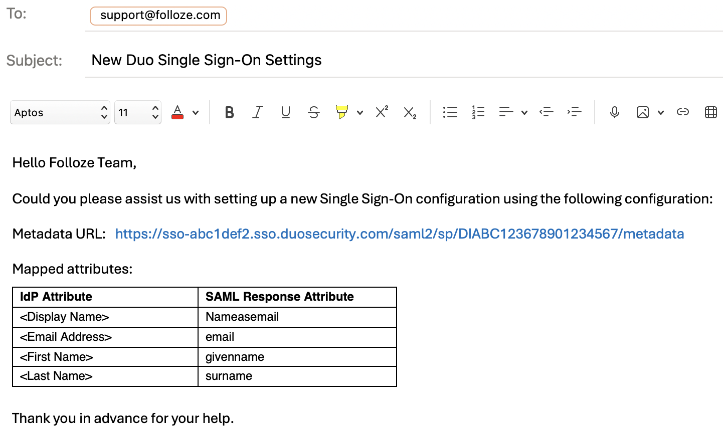Folloze Support Email Example