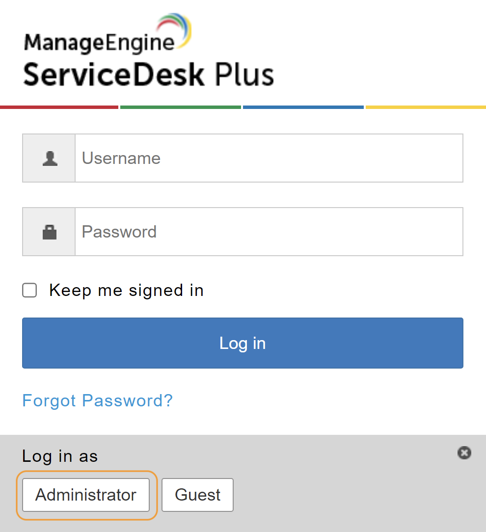 ManageEngine ServiceDesk Plus Account Login Window