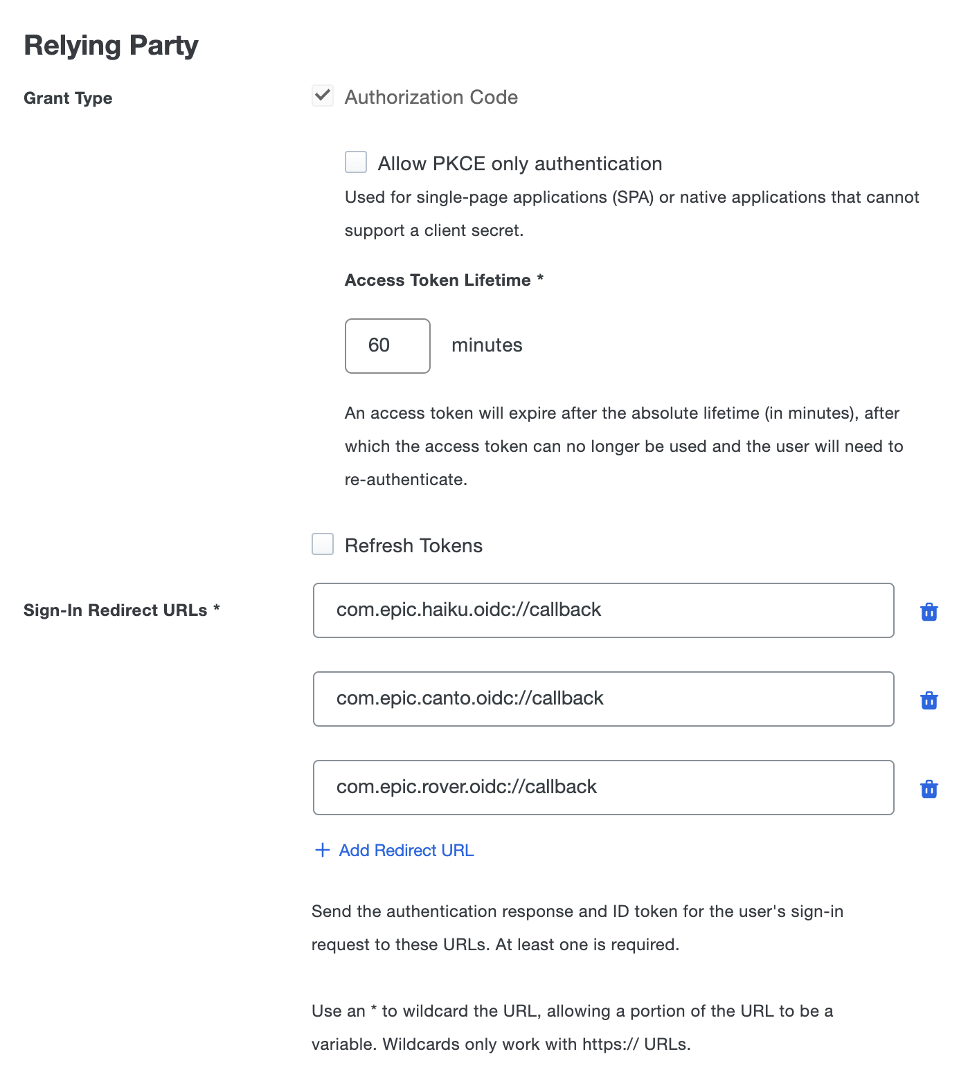 Configure grant type and redirect URLs