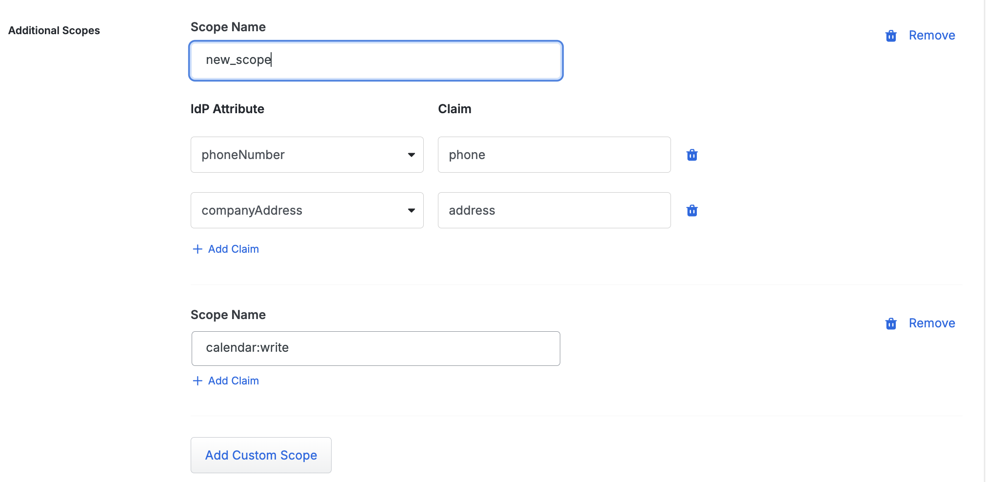 Configure default scopes and claims