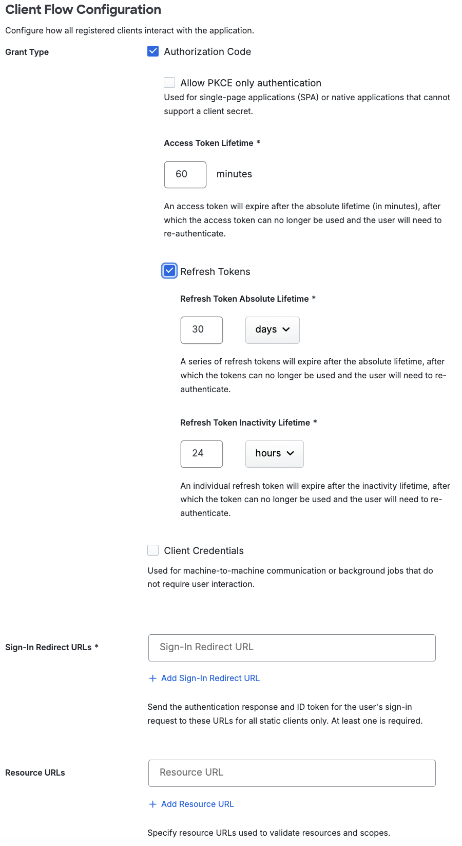Configure grant type and redirect URLs