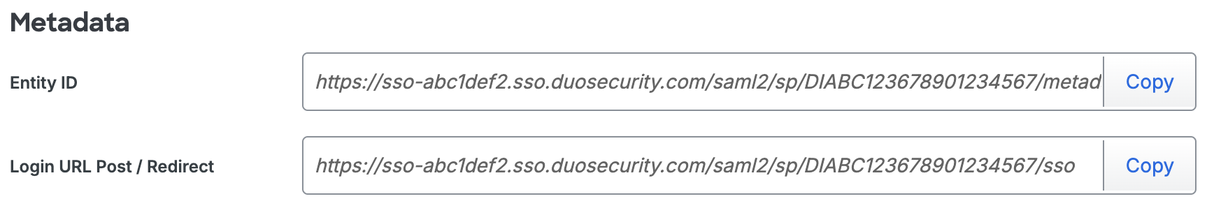 Duo SailPoint IdentityNow Metadata URLs