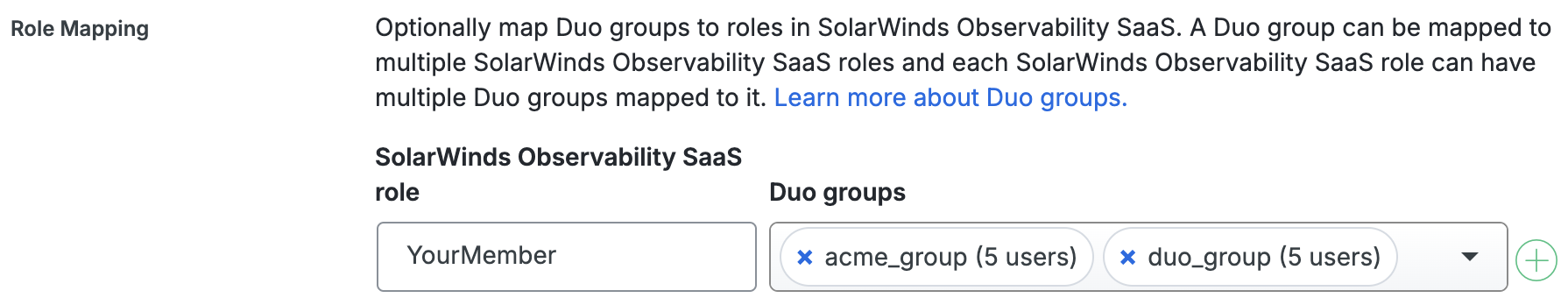 Duo SolarWinds Observability SaaS Group Mapping Fields