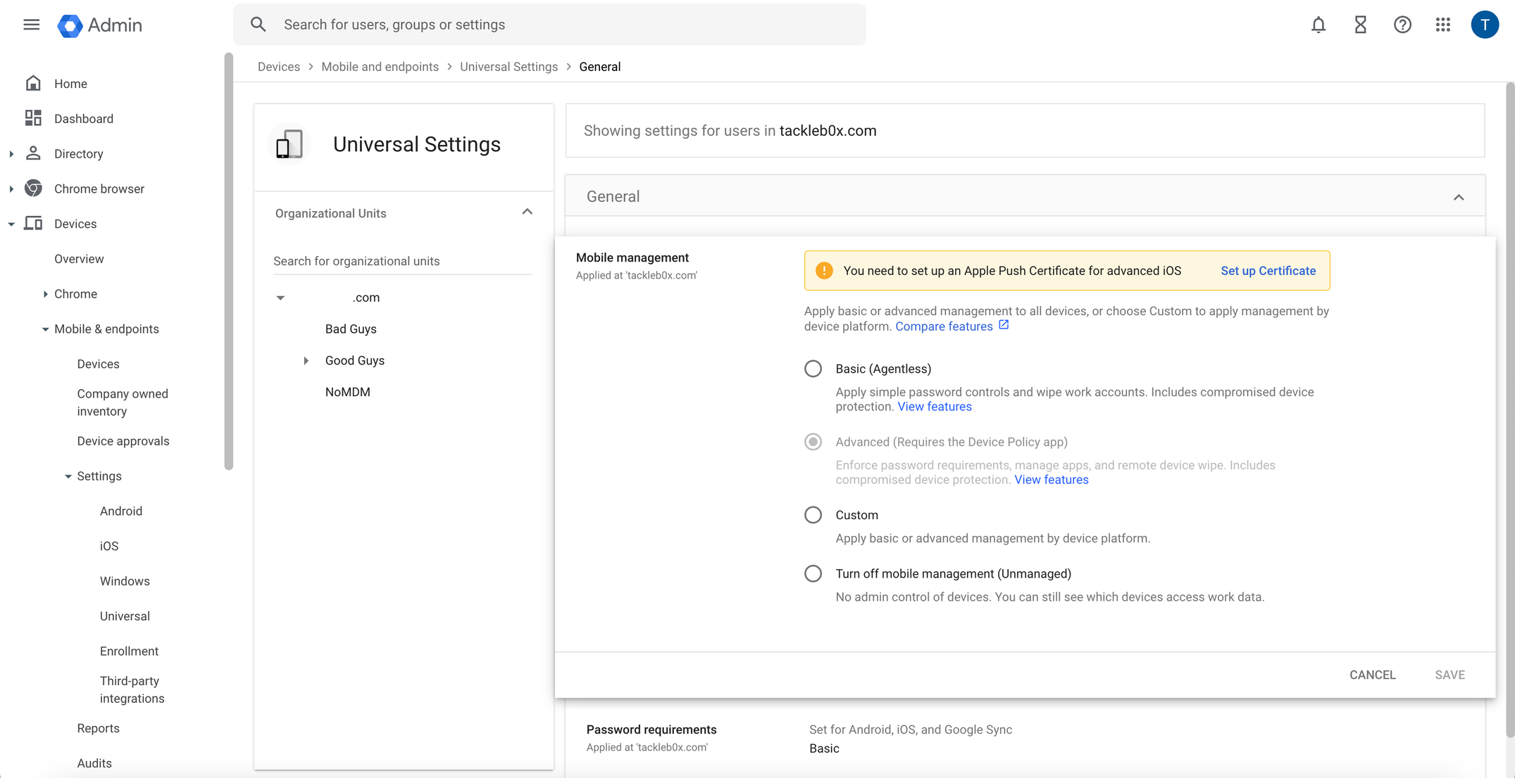 Workspace Mobile Management Settings