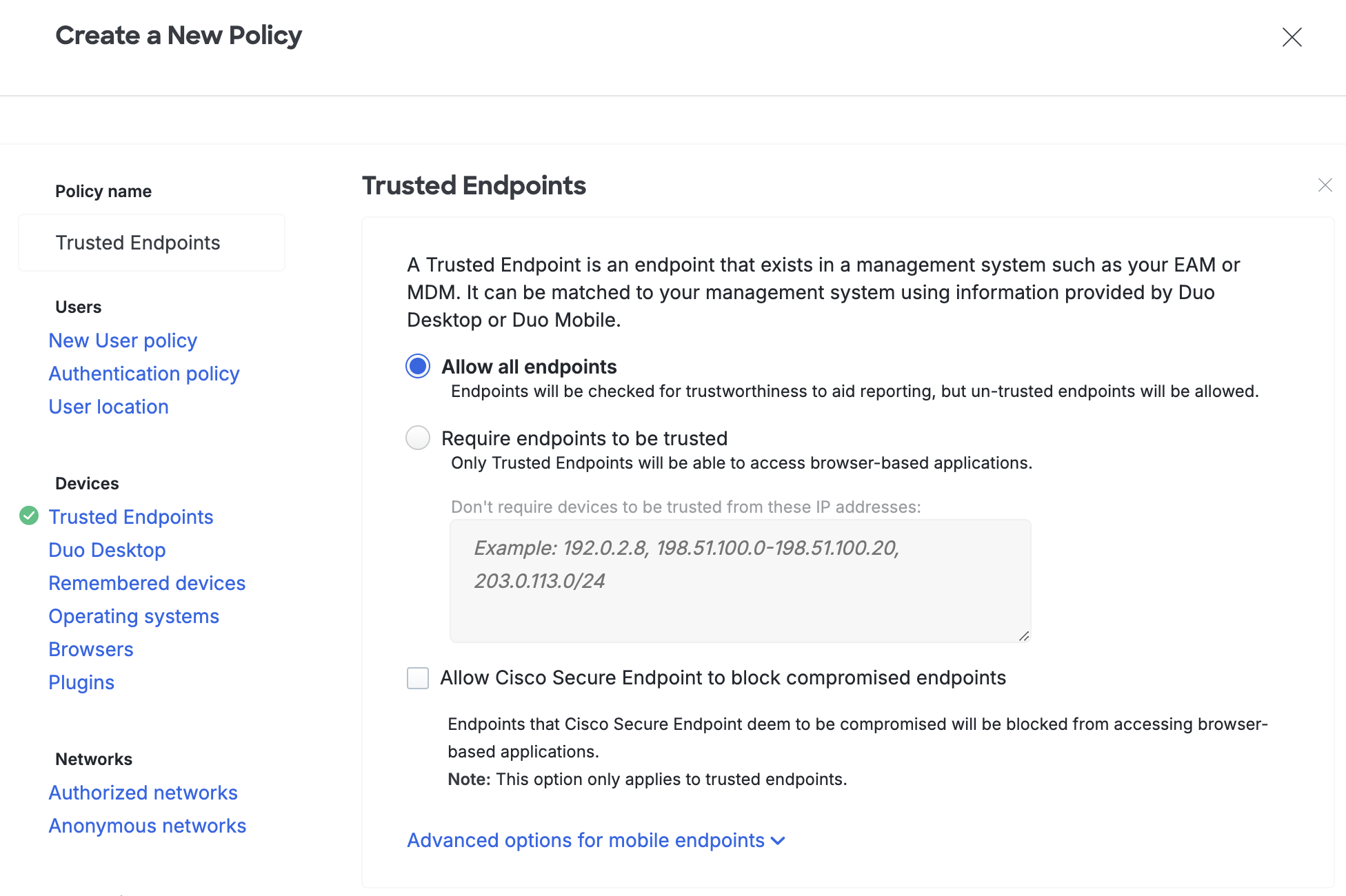 Creating the Trusted Endpoints Policy