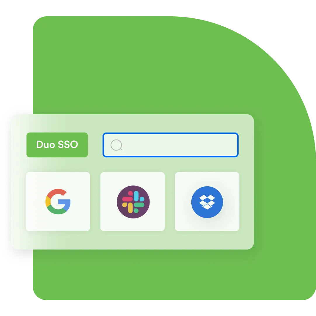 Single sign on with Duo SSO with icons for Google, Slack and Dropbox.