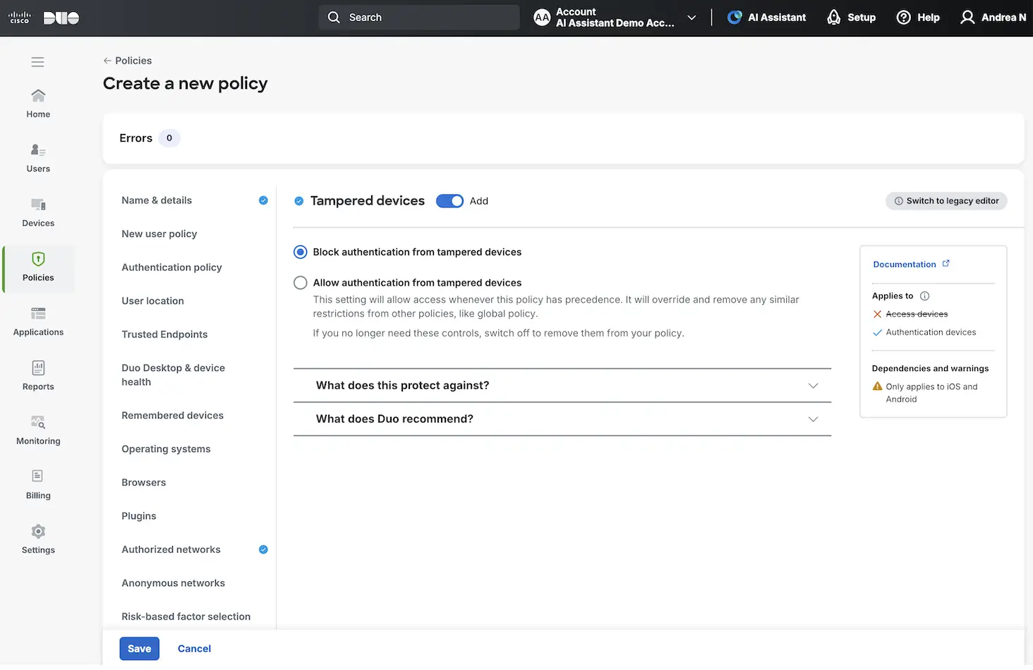 Duo policies tampered devices
