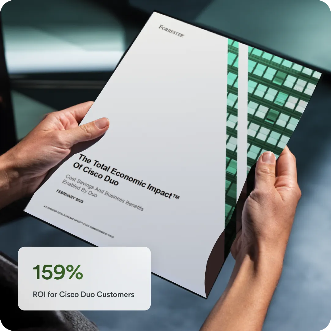 Person holding The Total Economic Impact Of Cisco Duo report by Forrester Consulting, along with an ROI statistic for Cisco Duo Customers.