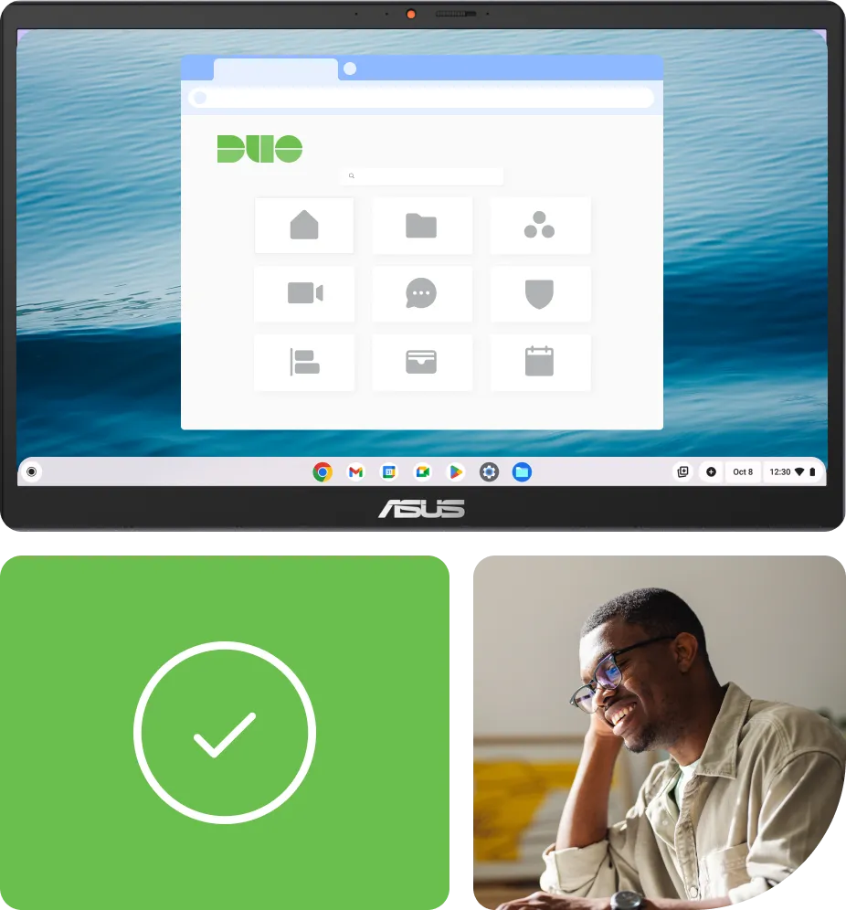 Bento icons Duo screenshot, check mark icon, man smiling while logging in.