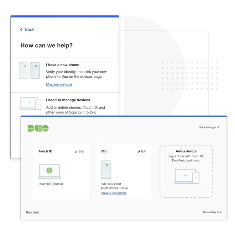Duo&rsquo;s self-service portal, showing users their current devices, authentication methods, and options for enrolling new devices.