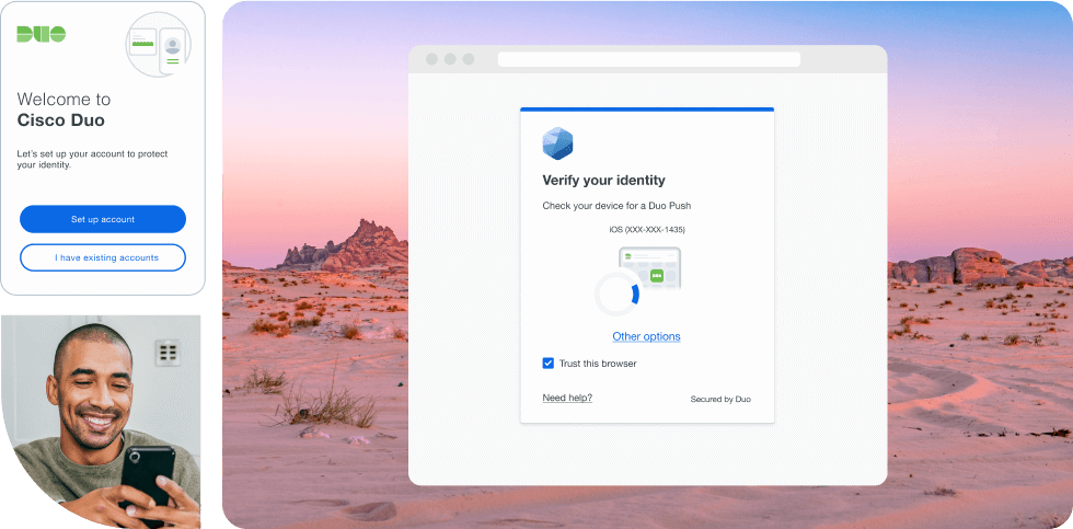 Bento icons: Welcome to Cisco Duo icon, man smiling while logging in, Duo screenshot of log in page verify your identity.