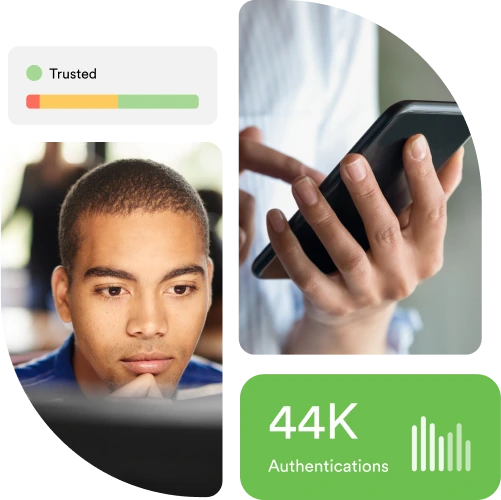 Computer user authenticating as a trusted device using Duo Secure’s anayltics showing 44,000 authentications over time.