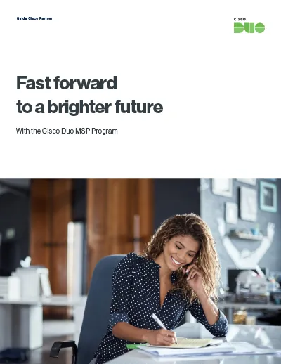 MSP Playbook Ebook cover: Fast forward to a brighter future with the Cisco Duo MSP Program.)