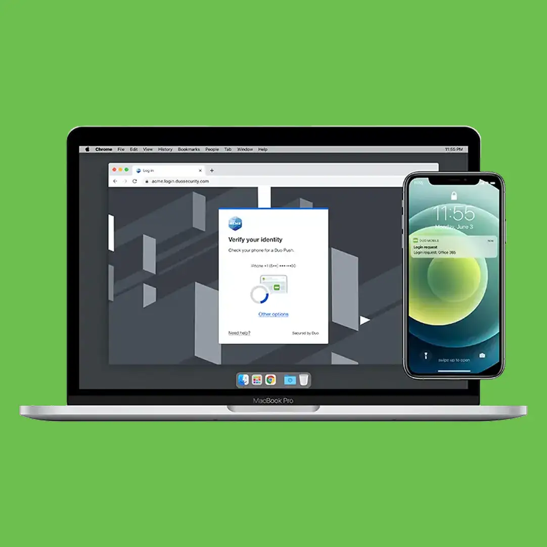 Illustration of a laptop computer and a smartphone showing the interactive demo of Multi-Factor Authentication (MFA) with Duo Push