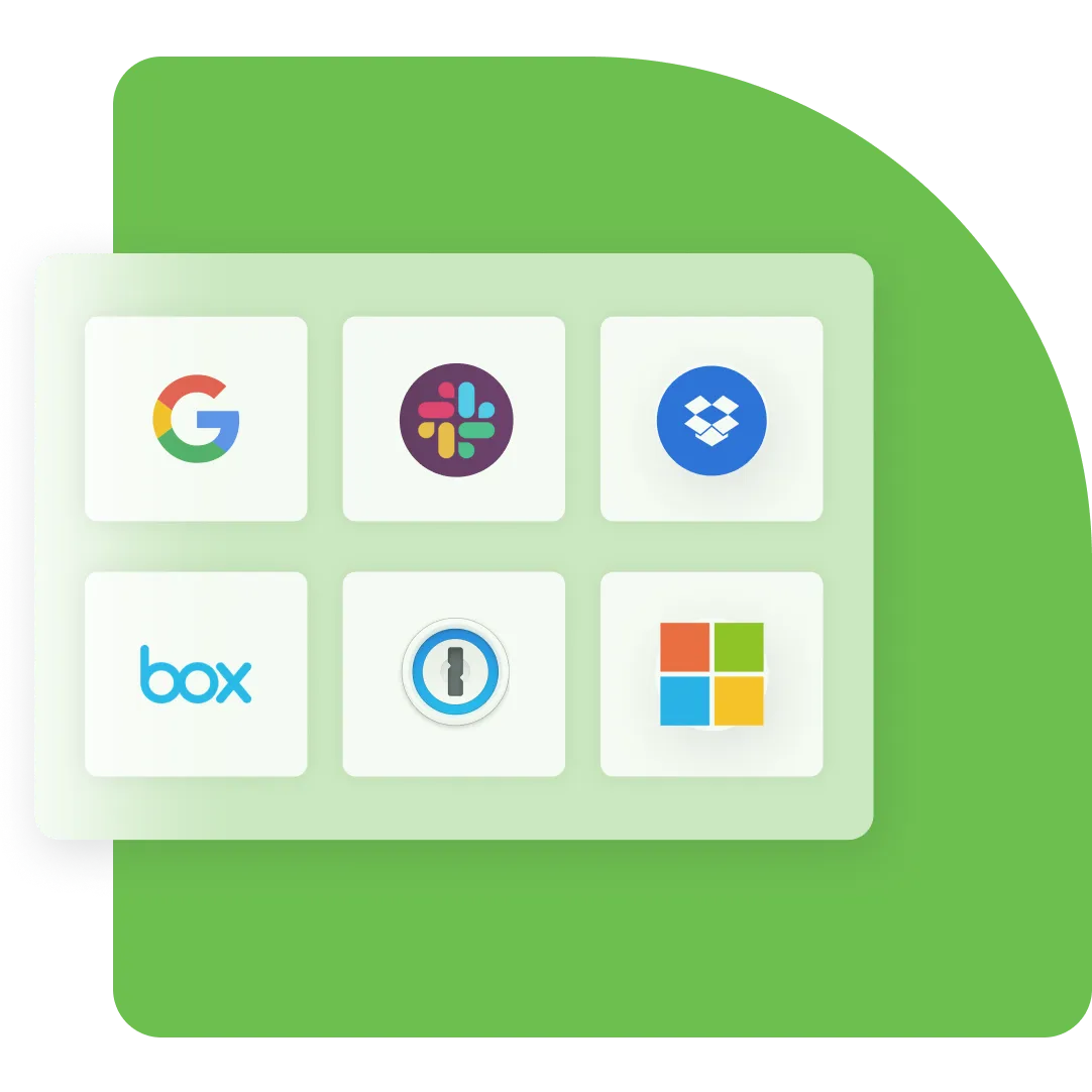 Group of logos including Google, Slack, Box, Dropbox, 1 Password, and Microsoft reflecting Duo’s integration and partner programs on green background.