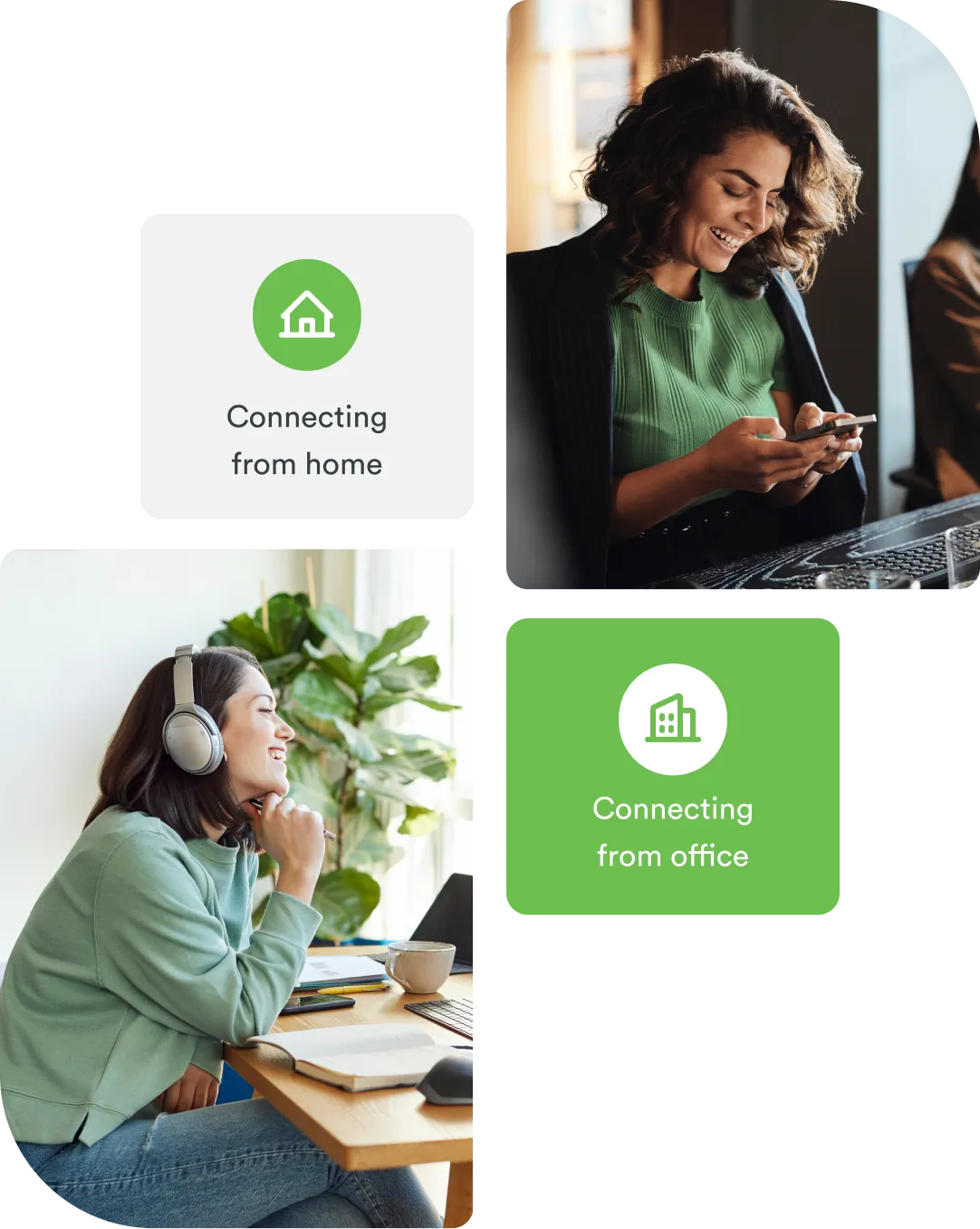 Four image collage showing workers working hybrid and staying secure with Duo's phishing-resistant MFA and device trust features.